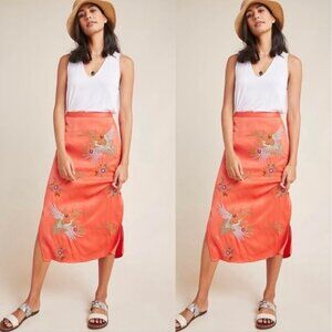 Anthropologie Mauve Skirt Crane & Floral Embroidery Design 1990s style 🌺🐦‍🔥